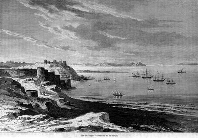 Widok na zatokę ufortyfikowanego miasta Tanger i wybrzeże, Maroko. Grawerowanie z 1860 roku. autorstwa Unknown artist