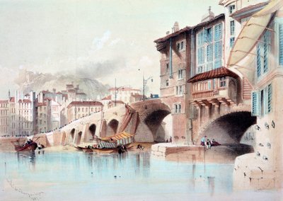 Widok na miasto Lyon i most Pont de Charge. Akwarela z 1837 r. Paryż, B.N. autorstwa Unknown artist