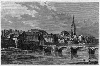 Widok miasta Mezieres pod koniec XIX wieku. Grawerowanie w „” le journal de la Jeunesse „” z 1888 r. autorstwa Unknown artist