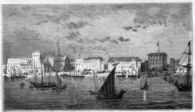 Widok na miasto Zanzibar w Afryce. Po lewej konsulat francuski. Po prawej pałac sułtana i arsenał. Grawer w „Prześwietnym Wszechświecie” autorstwa Unknown artist