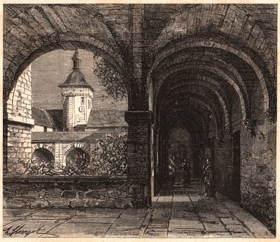 Widok na krużganek opactwa Solesmes z galerii, Sarthe, Francja autorstwa Unknown