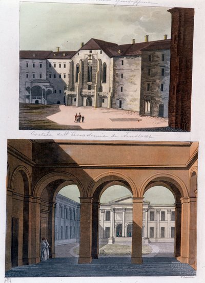 Widok na dziedziniec Academie de Neustadt i łaźnie publiczne w Wiedniu. Grawer Austria z 1826 r. Kolekcja prywatna autorstwa Unknown artist
