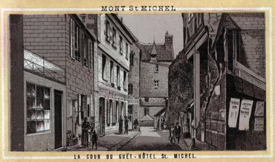 Widok na dziedziniec Guet Hotel (Guet-Hotel) na Mont Saint Michel, Manche, Normandia. Chromolitografia z końca XIX wieku. autorstwa Unknown artist
