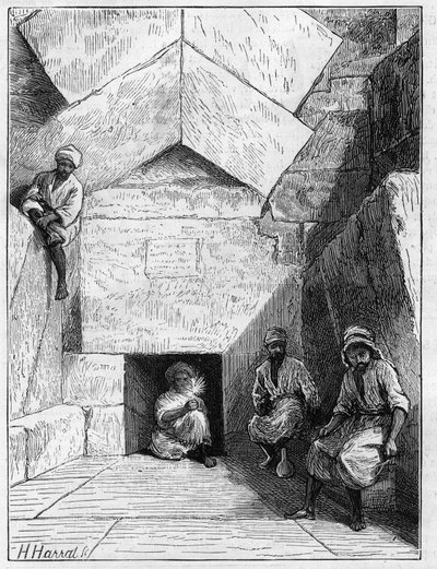 Widok wejścia do piramidy Cheopsa (Cheops, Keops, Khoufu, Khufu) w Guizeh (Guiseh, Giza, Giza), Egipt autorstwa Unknown artist