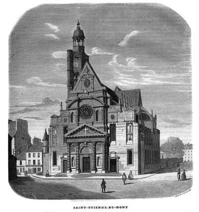 Widok fasady kościoła Saint-Etienne-du-Mont, Place Sainte-Genevieve (Saint Etienne du Mont) w Paryżu w 5. dzielnicy w 1858 r. autorstwa Unknown artist