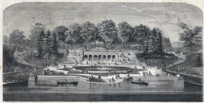 Widok na ogród „Central Park” w Nowym Jorku, Stany Zjednoczone. Architektura Fredericka Law Olmsteda (1822-1903) i (1824-1895) w dzielnicy Manhattan. Grawerowanie w „Wspaniałym Wszechświecie” autorstwa Unknown artist