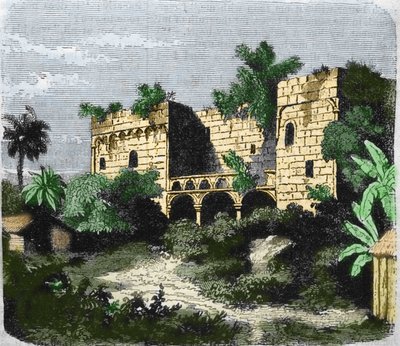 Widok domu „”Alcazar de Colón”” wybudowanego przez Krzysztofa Kolumba dla jego syna Diego Kolumba (Diego Colon y Moniz) (1480-1526), na wyspie Santo Domingo. Rycina XIX wieku. autorstwa Unknown artist
