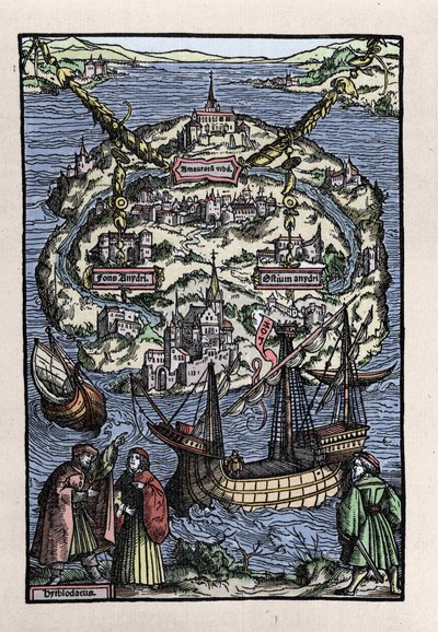 Widok na wyspę Utopia (Utopia) z księgi Thomasa More (1478-1535), „”Optymalny status republiki, która na nowo izoluje Utopię”. Grawerowane przez Johanna Frobena. 1518. autorstwa Unknown artist