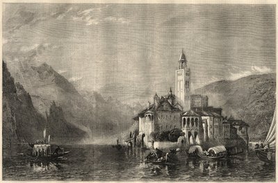 Widok klasztoru Mater Ecclesiae na wyspie Saint Jules (Saint Jules) (San Giulio) na jeziorze Orta (Jezioro Cusio) we Włoszech. Grawerowanie według obrazu Williama Collingwooda Smitha (1815-1887). W „The Illustrated London News” z 22 marca autorstwa Unknown artist