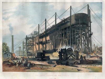 Widok na rufę transatlantyckiego liniowca „Great Eastern” (Lewiatan) budowanego w stoczni Thames w Londynie. Grawerowanie w „Ilustrowanych londyńskich wiadomościach” z 7 listopada 1857 r. autorstwa Unknown artist
