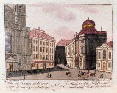 Widok na teatr i dziedziniec w kierunku cesarskiej ujeżdżalni w Wiedniu, Austria. Grawer z 1815 r. Kolekcja prywatna autorstwa Unknown artist