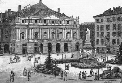 Widok na teatr La Scala w Mediolanie, Włochy. (Teatro alla Scala Milano) Grawerowanie w „”Świat sławny”” autorstwa Unknown artist