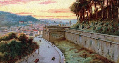 Widok murów viale Vaticano między Państwem Watykańskim a Rzymem, Włochy Chromolitografia z lat 30. XX wieku Kolekcja prywatna autorstwa Unknown Artist