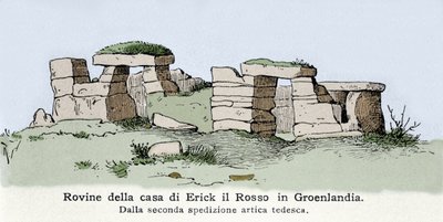 Viking: widok ruin domu Norwega Erica le Rouge (Erik Le Rouge) (940 lub 950-1003 lub 1010) na Grenlandii. Ilustracja z XIX wieku autorstwa Unknown artist