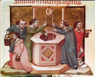 Wieśniacy ciągnący wodę ze studni Miniatura z Kodeksu Justyniana (Codex Justinianus), zbioru praw i instytucji wydanych za cesarza rzymskiego Bizancjum Justyniana I (483-565) autorstwa Unknown artist