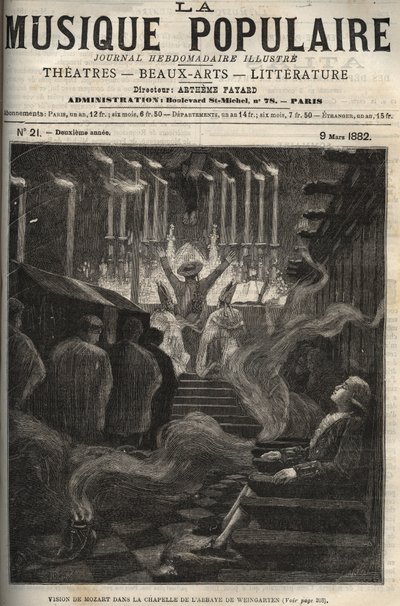 Wizja Wolfganga Amadeusza Mozarta (1756-1791) w kaplicy (duże organy) opactwa Weingarten w Niemczech - grawerowanie w znakomitym tygodniku „Muzyka popularna”” - 1882 autorstwa Unknown artist