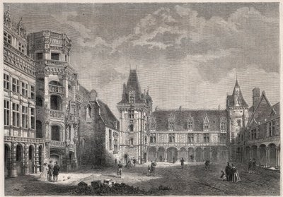 Widok z zewnątrz na zamek Blois z monumentalną klatką schodową - Grawerowanie w „Le Monde Illustrie” autorstwa Unknown artist