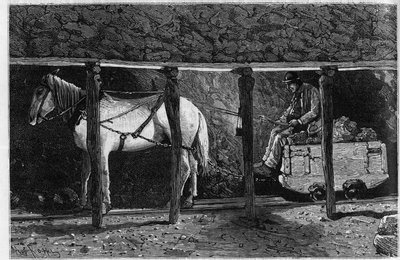 Wagonnet jest zatrudniony w kopalniach węgla w Walii. Grawerowanie w „Le journal de la jeunesse”” autorstwa Unknown artist