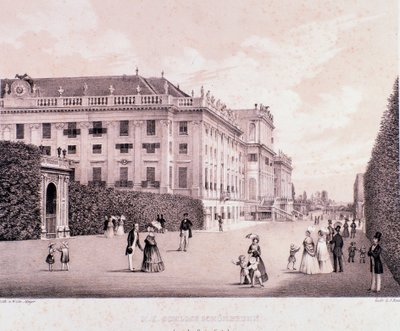 Piechurzy w parku pałacu Schonbrunn (Schoenbrunn) w Wiedniu. Austria. Druki z początku XIX wieku Kolekcja prywatna autorstwa Unknown artist