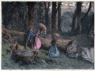 Wędrowcy próbują obliczyć wiek martwego dębu, badając naprężenie drzewa. Grawerowanie pod koniec XIX wieku. autorstwa Unknown artist