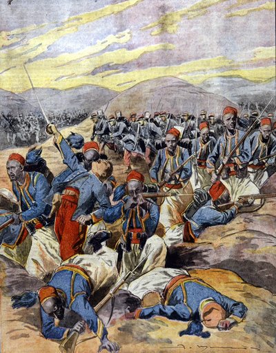 Wojna 1914-1918: Afrykańscy jeźdźcy francuskiej armii kolonialnej na wydmach Flandrii. 1914. autorstwa Unknown Artist