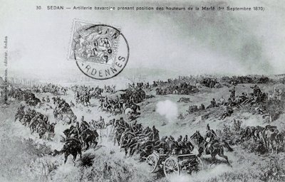 Wojna 1870: Bawarska artyleria zajmuje pozycję ze wzgórz Marfe w Ardenach w dniu 1.09.1870. Grawerowanie od 1870 autorstwa Unknown artist