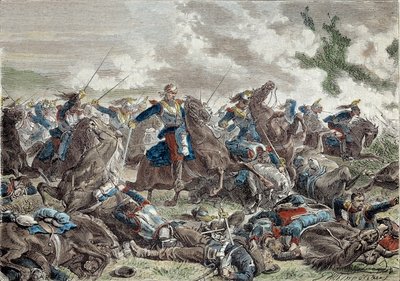 Wojna 1870 r.: bitwa pod Froeschwiller Woerth (Froeschwiller-Woerth) (lub bitwa pod Reichshoffen) w dniu 06.08.1870 r., w której zwyciężyły Niemcy - Rycina XIX wieku - Paryż, Musee de l