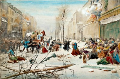 Wojna 1870: oblężenie Paryża w 1870, bombardowanie przez Prusaków. Mieszkańcy Paryża opuszczają zbombardowane tereny pod śniegiem. Akwarela z XIX wieku. Paryż, Musée de l