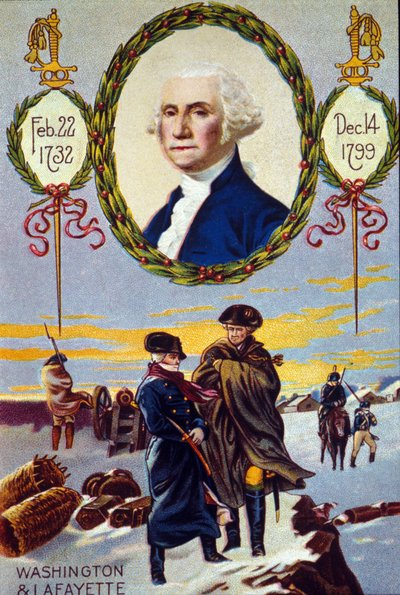 Wojna o niepodległość Stanów Zjednoczonych: markiz de Lafayette (1757-1834) spotkał Jerzego Waszyngtona (1732-1799) z Valley Forge, aby mu pomóc w 1777 r. chromolitografia XIX wieku autorstwa Unknown artist