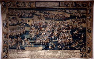 Wojna Religii: „”Bitwa pod Jarnac, śmierć Ludwika I de Bourbon, księcia Conde (Bourbon-Conde) (1530-1569)”” Sprzeciwia się protestanckiej armii księcia Conde w dniu 13.03.1569 r. króla Francji dowodzonego przez księcia Andegawenii. Gobelin autorstwa Unknown artist