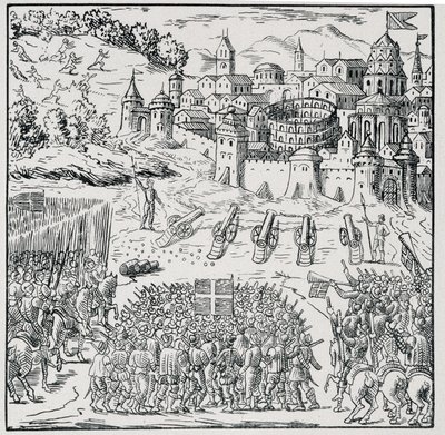 Wojna Religii: Miasto Nîmes oblężone przez Armię Króla (Henryk III) w 1576 r. - w „”Zbiór 39 figurek przedstawiających klęski Francji od 1562 do 1586 r.””, imprim Louis Perrin. autorstwa Unknown artist