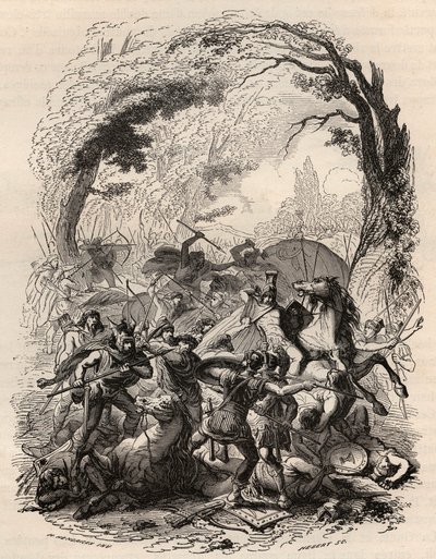 Wojna Galów: Bitwa pod Aduatuca między belgijskimi ludami Eburonów a armią rzymską. Pokonany Quintus Titurius Sabinus i Lucius Aurunculeius Cotta w 54 pne. Rycina z 1868 roku w „Histoire de Belgique od czasów prymitywnych do końca autorstwa Unknown artist