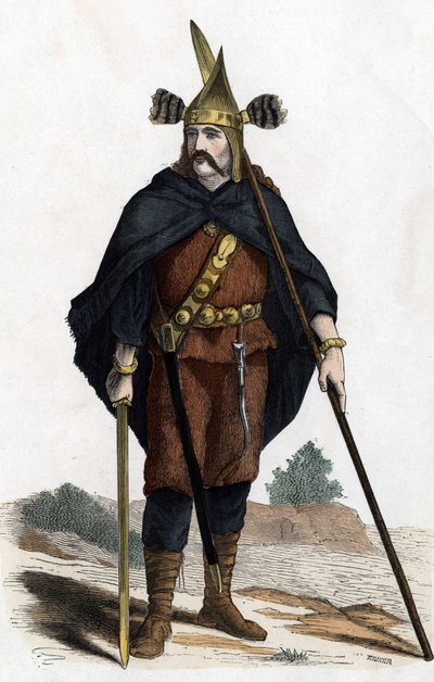 Wojownik, okres broni z brązu – w „cywilnych i wojskowych strojach Francuzów przez wieki Paryż F. Roy 1882”. autorstwa Unknown artist