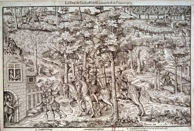 Wojny religijne 1562-1598 „” Zabójstwo Franciszka I Lotaryngii (1519-1563) Drugiego księcia Guise w dniu 18.02.1563. Przywódca katolicki, został zabity przez kalwinistę Jean de Poltrot de Mere lub Merey. Rycina z XVI wieku. Paryż, B.N. autorstwa Unknown artist