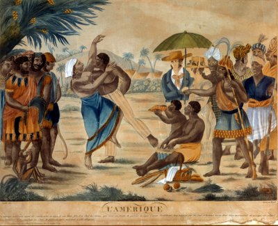 Ślub między czarnym a kreolem. Grawerowanie z XIX wieku. La Rochelle, Musee Du Nouveau Monde autorstwa Unknown artist