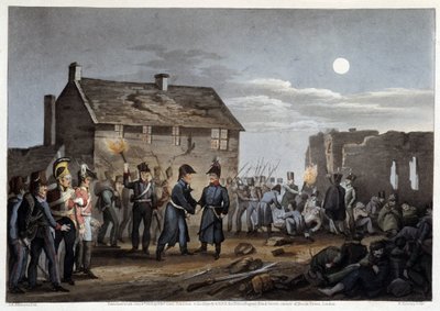 Wellington i Blucher spotkali się przypadkowo pod Waterloo - w „Anegdotach historycznych, wojskowych i morskich oraz incydentach, które dotarły do armii Bretanii i ich sojuszników, kończące się w Waterloo” Edwarda Orme, il. autorstwa Atkinsona, Londyn autorstwa Unknown artist