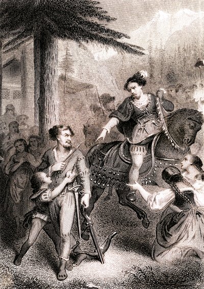 Mówi się, że William Tell zastrzelił komornika Gesslera w patriotycznej szwajcarskiej legendzie autorstwa Unknown artist
