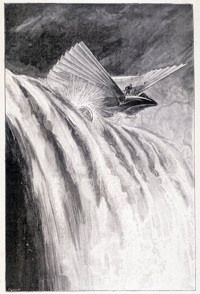 Skrzydlaty pojazd przejeżdżający przez wodospad, il. „”Mistrz świata””, Juliusz Verne, koniec XIX wieku. autorstwa Unknown artist