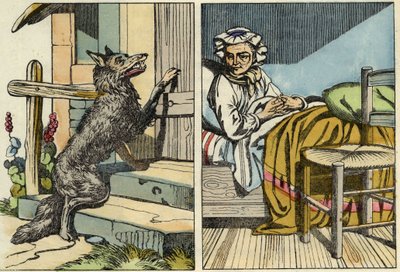 Wilk puka do drzwi babci. Ilustracja do bajki „Czerwony Kapturek” Charlesa Perrault autorstwa Unknown artist