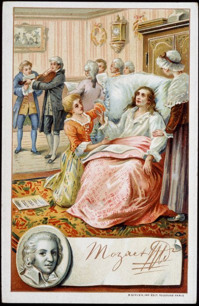 Wolfgang Amadeusz Mozart (1756-1791) w ostatnich dniach życia. Chromolitografia XIX wieku autorstwa Unknown artist