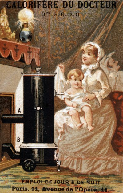 Ogrzewanie kobiety i dziecka we wnętrzu, reklama „kalorytka lekarska”, v. 1895 autorstwa Unknown artist