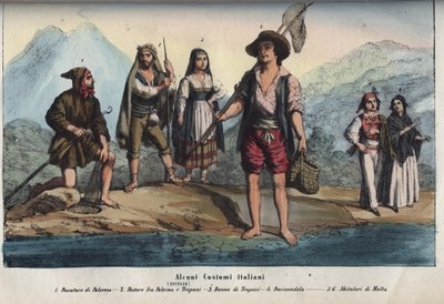 Kobiety i mężczyźni w tradycyjnych strojach sycylijskich - Rybak z Palermo, pasterz między Palermo a Trapani, kobieta z Trapani, sprzedawca ryb, mieszkańcy Malty. grawerunek z „” Zwyczajów i Tradycji Wszystkich Ludów Wszechświata. To jest historia rządu, autorstwa Unknown artist