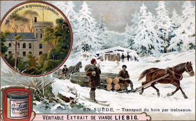 Transport drewna sankami, Szwecja. Chromolitografia, obraz Liebiga. autorstwa Unknown artist