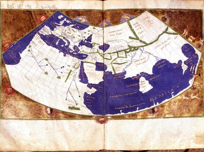 Mapa świata Klaudiusza Ptolemeusza (Claude Ptolemee, 90-168 ap JC), greckiego astronoma i astrologa - Reprezentacja płaskiej Ziemi bez bieguna północnego i południowego oraz bez Ameryki Zawiera - Rękopis XV w. - Wenecja, Biblioteca Marciana autorstwa Unknown artist