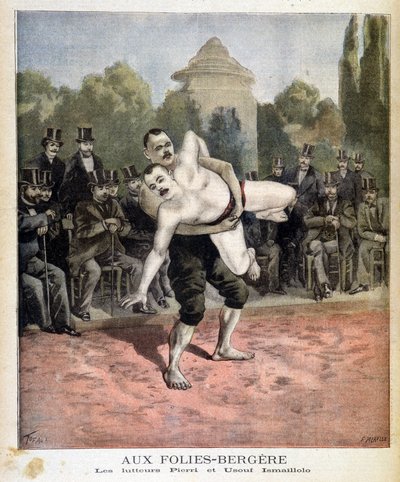 Zapaśnicy Pierri i Ussouf Ismaillolo w Folies Bergeres w Paryżu. W czasopiśmie Le petit, 31.03.1895. autorstwa Unknown artist
