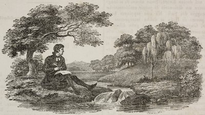 Pisarz pod drzewem nad strumieniem, ilustracja z Teatru Powszechnego, zbiór encyklopedyczny i scenograficzny, nr 575, 19 lipca autorstwa Unknown artist