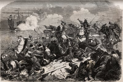Yori Omo i armia samurajów odpierają inwazję Mongołów w 1274 roku dowodzoną przez Kubilai (Kubilai Khan, pierwszy cesarz mongolskiej dynastii Yuan (1215-1294), ale tajfuny (kami kaze: wiatr bogów) odpierają i wywracają Mongołów flota, oszczędzając Japończy autorstwa Unknown artist