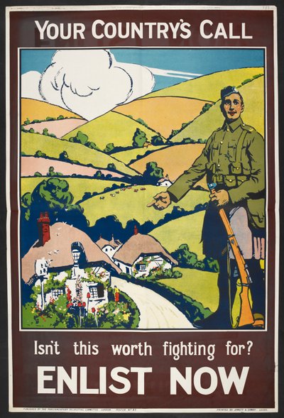 Twój kraj wzywa...". Plakat rekrutacyjny przedstawiający brytyjską wieś, "tę zieloną i przyjemną krainę". autorstwa Unknown artist