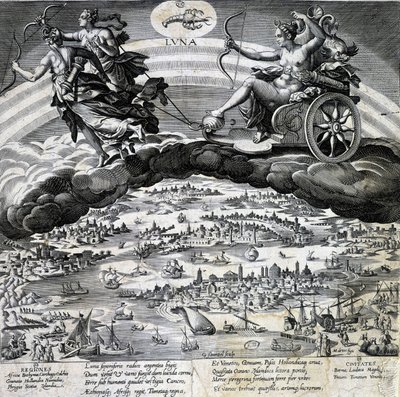 Znak zodiaku rak. Księżyc, reprezentacja czołgu Semelee. Rycina XIX wieku. autorstwa Unknown artist
