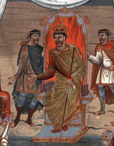szczegóły dotyczące: Karola II Łysego (823 - 877), króla Francji przyjmującego delegację mnichów z Tours. z Paryża. autorstwa Unknown artist